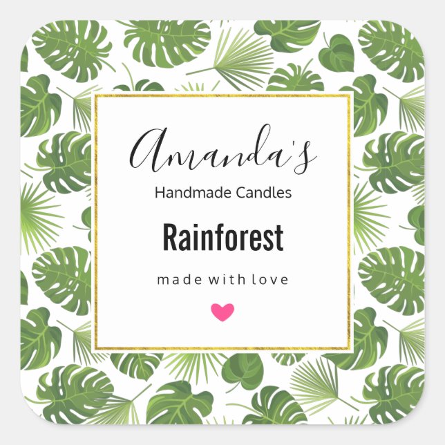 Stilvolle grüne tropische Blätter Musterkerze Quadratischer Aufkleber (Vorderseite)