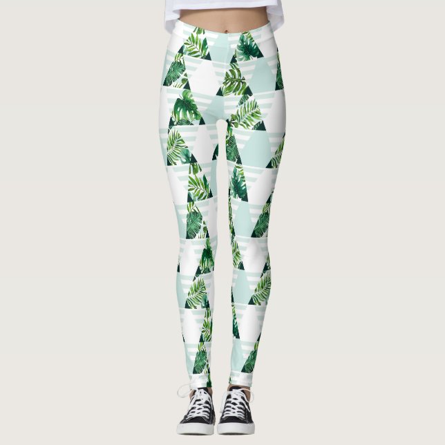 Stilvolle, grüne tropische Dreiecke Geometrie Leggings (Vorderseite)