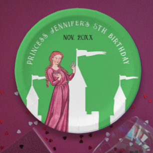 Stilvolle grüne und rosa Prinzessin-Märchenschloss Pappteller