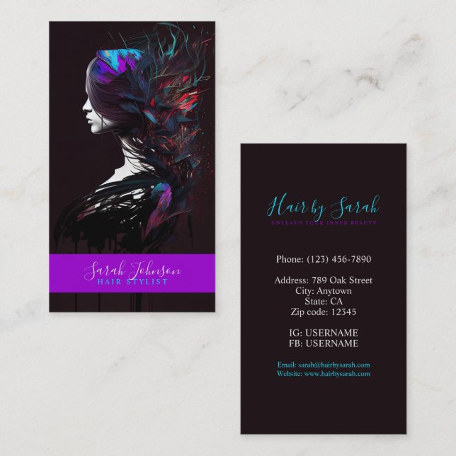 Stilvolle Hair Stylist Digital Art Business Card Visitenkarte (Vorne/Hinten)