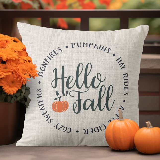 Stilvolle Hallo Herbst Klassischer Herbst Kissen (Stylish Hello Fall Classic Autumn Throw Pillow.  Bonfires, Pumpkins, Hay Rides, Cozy Sweaters, Cider)