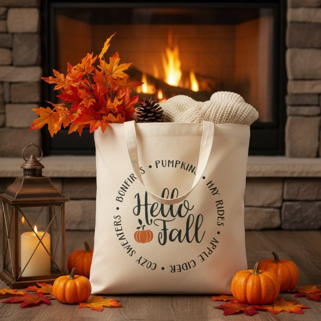 Stilvolle Hallo Herbst Klassischer Herbst Tragetasche (Stylish Hello Fall Classic Autumn ToteBag: Pumpkins, Hay Rides, Apple Cider, Cozy Sweaters, Bonfires)