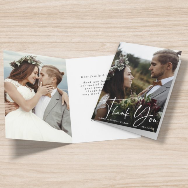 Stilvolle Handschrift Wedding 2 Foto Vielen Dank Karte (Front & Back)