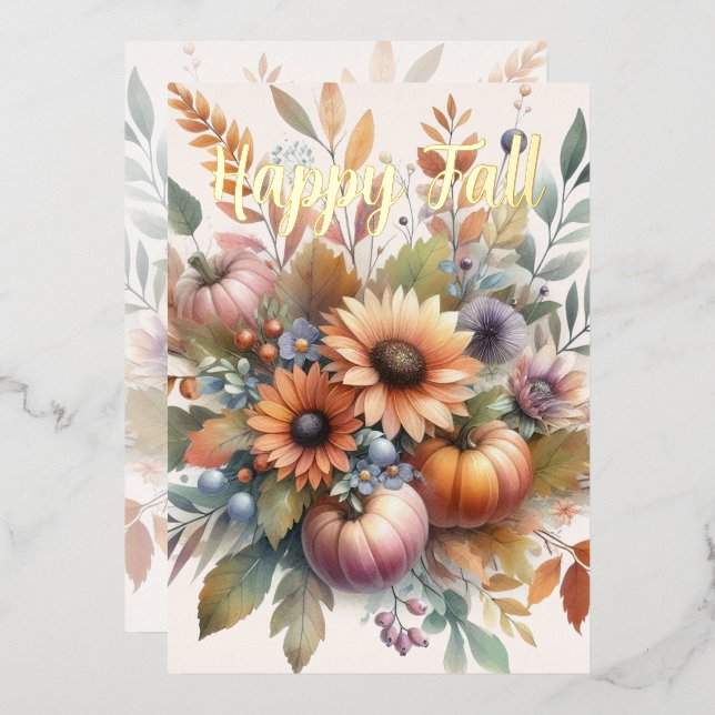 Stilvolle Happy Fall Pumpkin Blume Bouquet Motif Folieneinladung (Vorderseite/Rückseite)