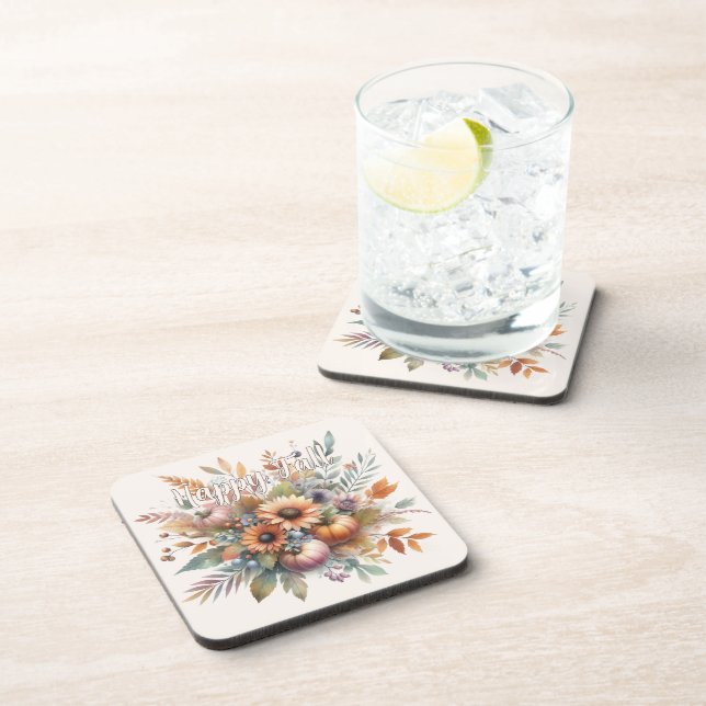 Stilvolle Happy Fall Pumpkin Blume Bouquet Motif Getränkeuntersetzer (Rechte Seite)