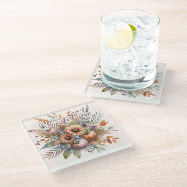 Stilvolle Happy Fall Pumpkin Blume Bouquet Motif Glasuntersetzer (Schrägansicht)