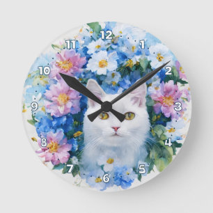 Stilvolle, helle und farbenfrohe florale Katze Runde Wanduhr