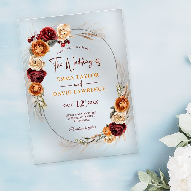 Stilvolle Herbstorange Rost Terracotta Hochzeit Acryleinladungen (Von Creator hochgeladen)