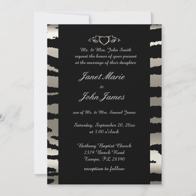 Stilvolle Hochzeit in Silver & Black Zebra Streife Einladung (Vorderseite)