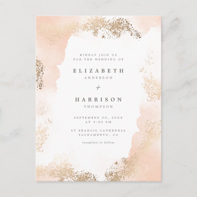 Stilvolle Hochzeit mit Gold Dust & Blush Watercolo Einladungspostkarte (Vorderseite)
