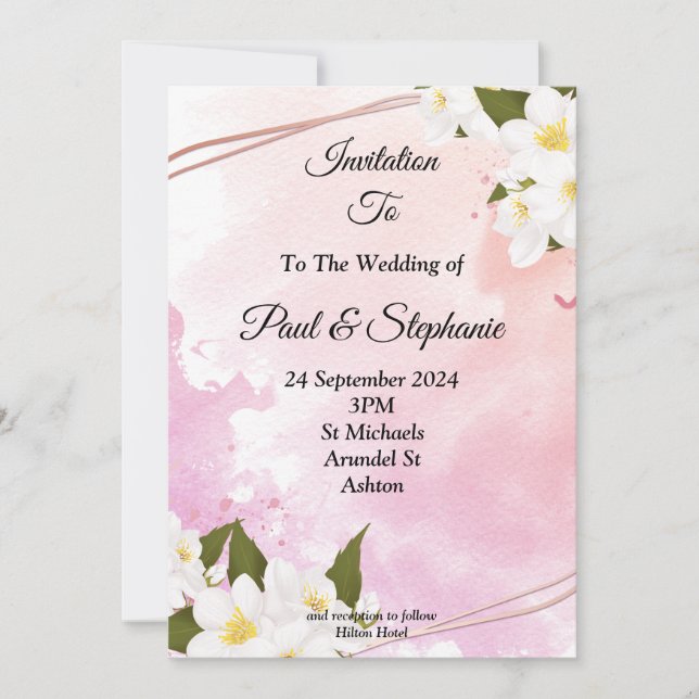 Stilvolle Hochzeitseinladung, rosa, weiße Blume Einladung (Vorderseite)