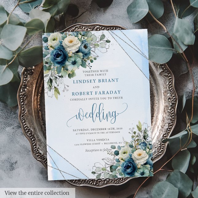 Stilvolle Hochzeitsfeier unter blauem Silber Einladung (Stylish Navy Blue Silver Floral Wedding Invitation)