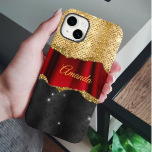 Stilvolle Imitate Glitzer Red Gold Schwarze Monogr Case-Mate iPhone 14 Hülle
