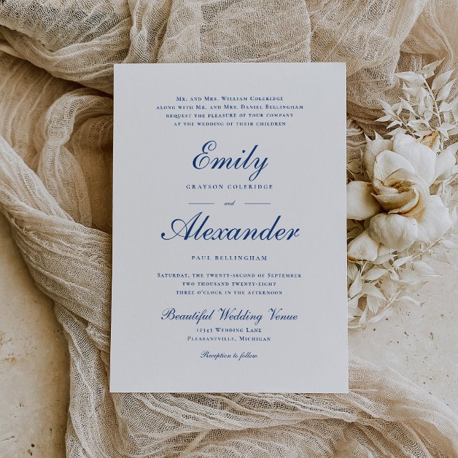 Stilvolle Indigo Blue Script Wedding Einladung (Von Creator hochgeladen)