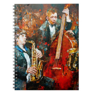 Stilvolle Jazzband, die Musik auf der Szene spielt Notizblock