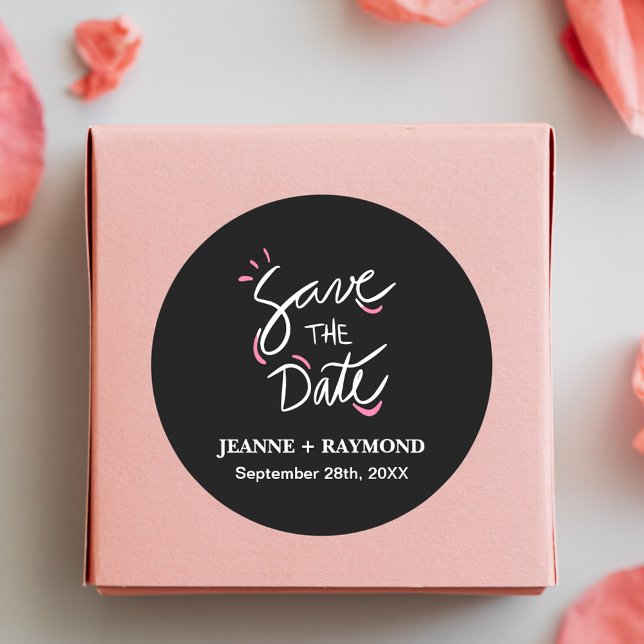 Stilvolle Kalligrafie Hochzeit Schwarz Save the Da Runder Aufkleber (Von Creator hochgeladen)
