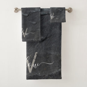 Stilvolle Karkohle Gray Stone Script Monogram Badhandtuch Set