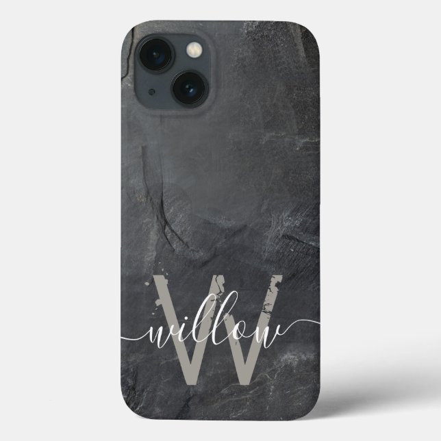 Stilvolle Karkohle Gray Stone Script Monogram Case-Mate iPhone Hülle (Rückseite)