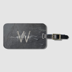 Stilvolle Karkohle Gray Stone Script Monogram Gepäckanhänger