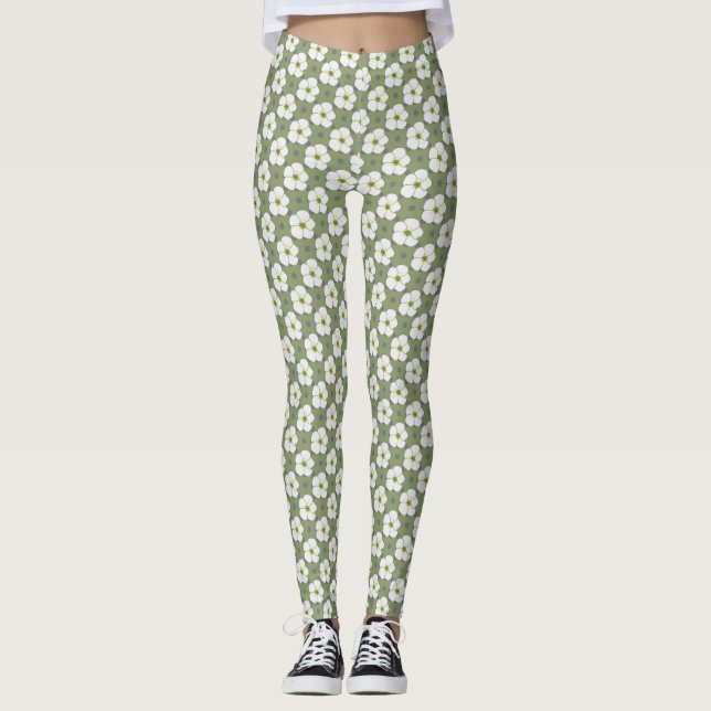 Stilvolle Khaki White Blume Blumenmuster Leggings (Vorderseite)
