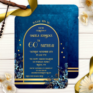 Stilvolle klassische blaue goldene Blumen-Geburtst Einladung