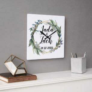 Stilvolle Leafy Wreath Wedding Quadratische Wanduhr