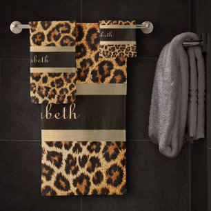 Stilvolle Leopard-Muster, Braun- und Goldstreifen Badhandtuch Set