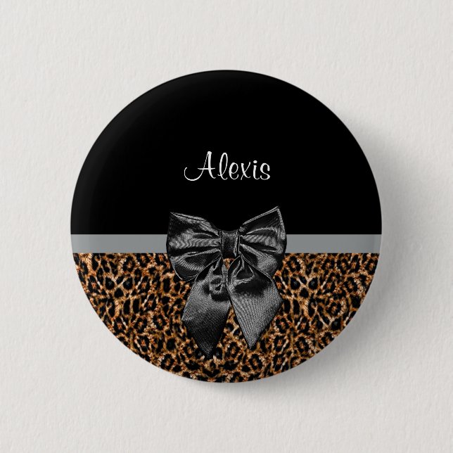 Stilvolle Leopard Print Elegant Black Bow und Name Button (Vorderseite)
