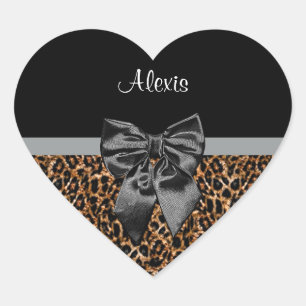 Stilvolle Leopard Print Elegant Black Bow und Name Herz-Aufkleber