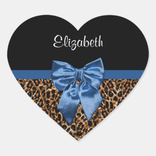 Stilvolle Leopard Print Elegant Blue Bow und Name Herz-Aufkleber