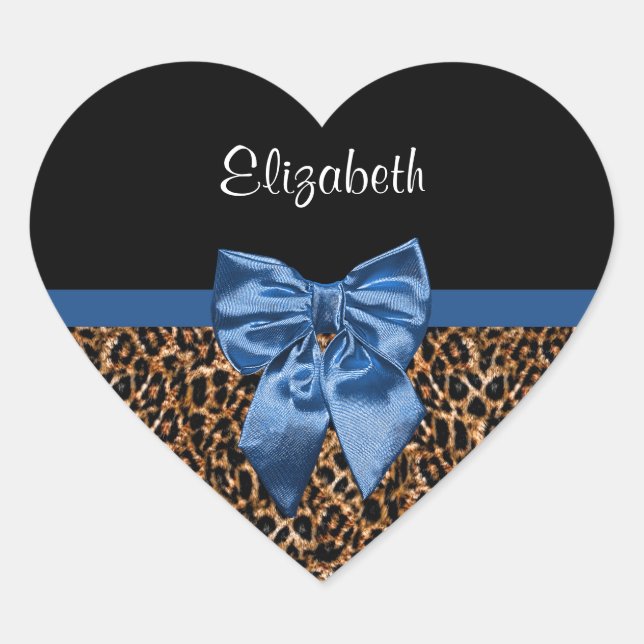 Stilvolle Leopard Print Elegant Blue Bow und Name Herz-Aufkleber (Vorderseite)