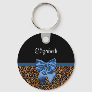 Stilvolle Leopard Print Elegant Blue Bow und Name Schlüsselanhänger