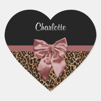 Stilvolle Leopard Print Elegant Brown Bow und Name Herz-Aufkleber