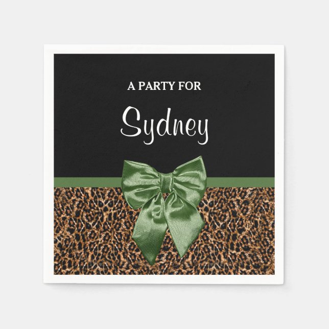 Stilvolle Leopard Print Elegant Green Bow Party Na Serviette (Vorderseite)