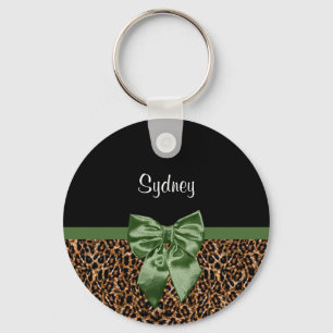 Stilvolle Leopard Print Elegant Green Bow und Name Schlüsselanhänger