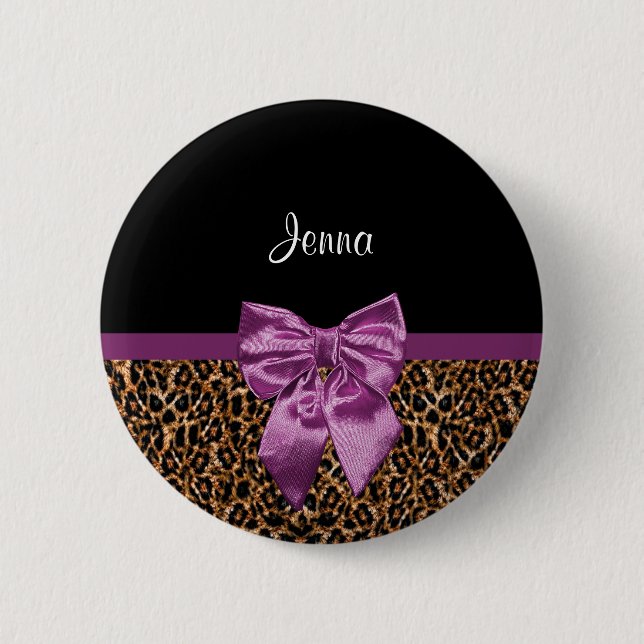 Stilvolle Leopard Print Elegant Lila Bow and Name Button (Vorderseite)