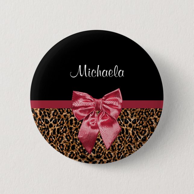 Stilvolle Leopard Print Elegant Red Bow und Name Button (Vorderseite)