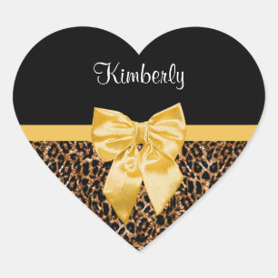 Stilvolle Leopard Print Elegant Yellow Bow und Nam Herz-Aufkleber