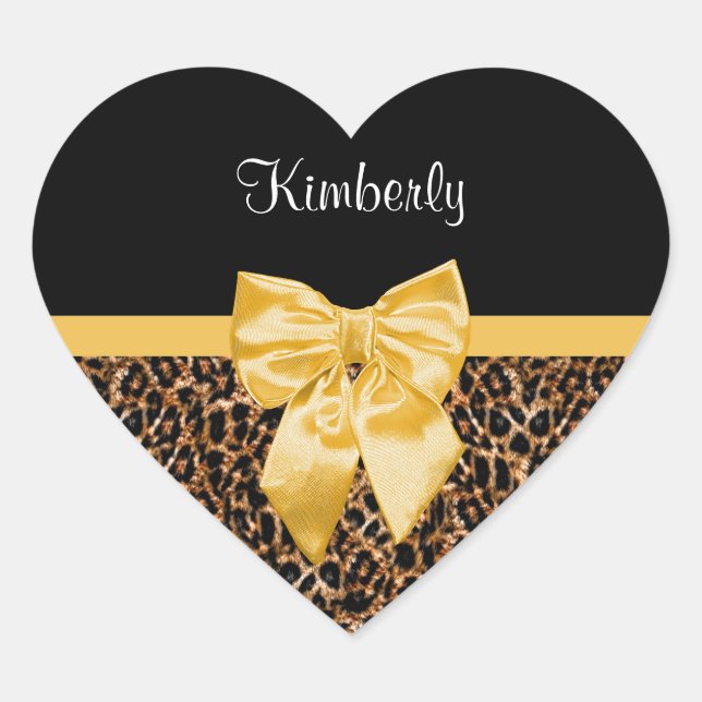 Stilvolle Leopard Print Elegant Yellow Bow und Nam Herz-Aufkleber (Vorderseite)