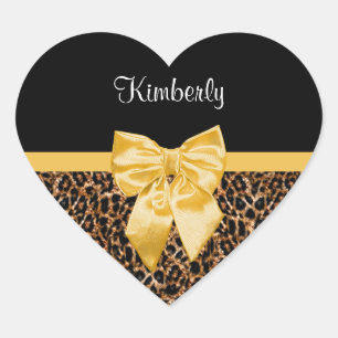 Stilvolle Leopard Print Elegant Yellow Bow und Nam Herz-Aufkleber