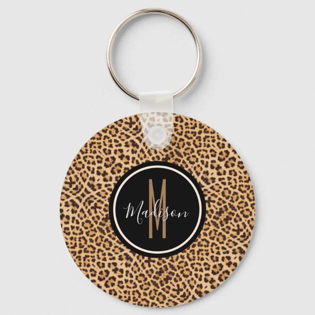 Stilvolle Leopard Print Mit Monogramm Script Name Schlüsselanhänger (Vorderseite)