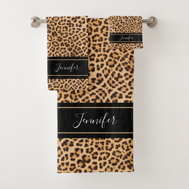 Stilvolle Leopard Print Monogram Name Badhandtuch Set (Insitu)