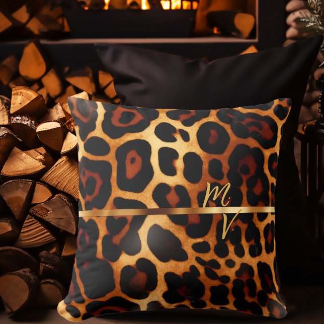 Stilvolle Leopard Print und Gold Mit Monogramm Kissen (Ultra Luxe Leopard-Print Monogrammed Decorative Pillow)