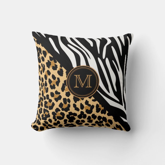 Stilvolle Leopard Print und Zebra Print Monogram Kissen (Vorderseite)