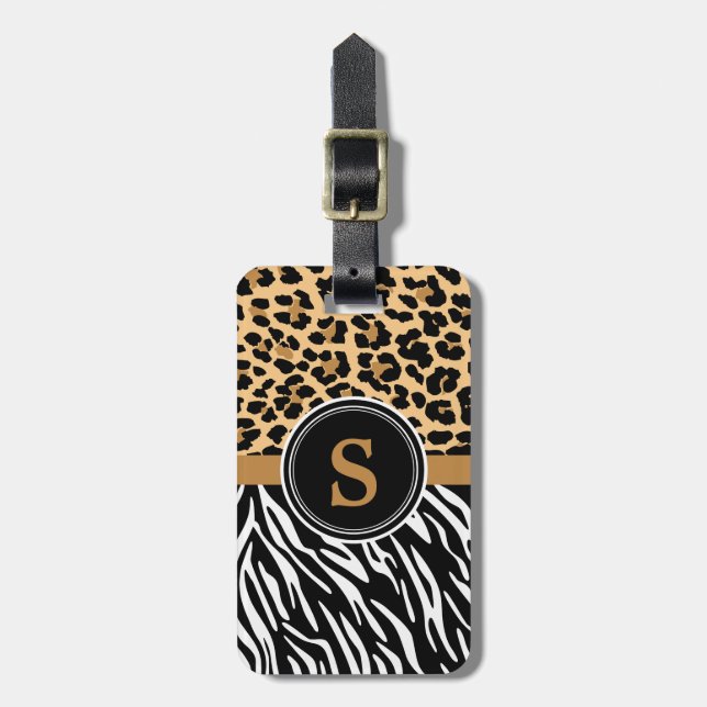 Stilvolle Leopard Zebra Print Monogram Gepäckmarke Gepäckanhänger (Vorderseite vertikal)