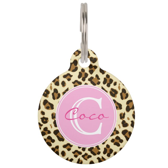 Stilvolle Leoparddrucke und rosa Monogramm Haustiermarke (Vorderseite)