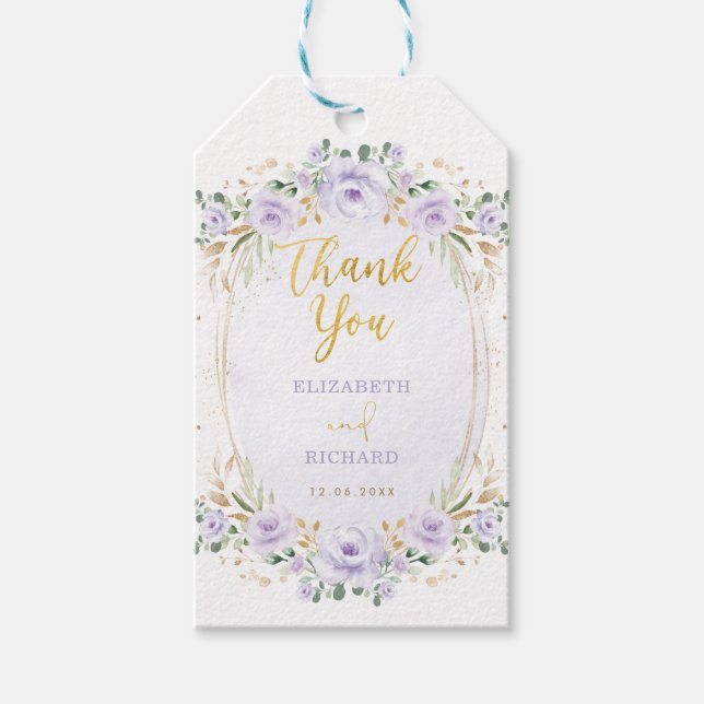 Stilvolle Lila Gold Floral Gastgeschenke Hochzeite Geschenkanhänger (Vorderseite)