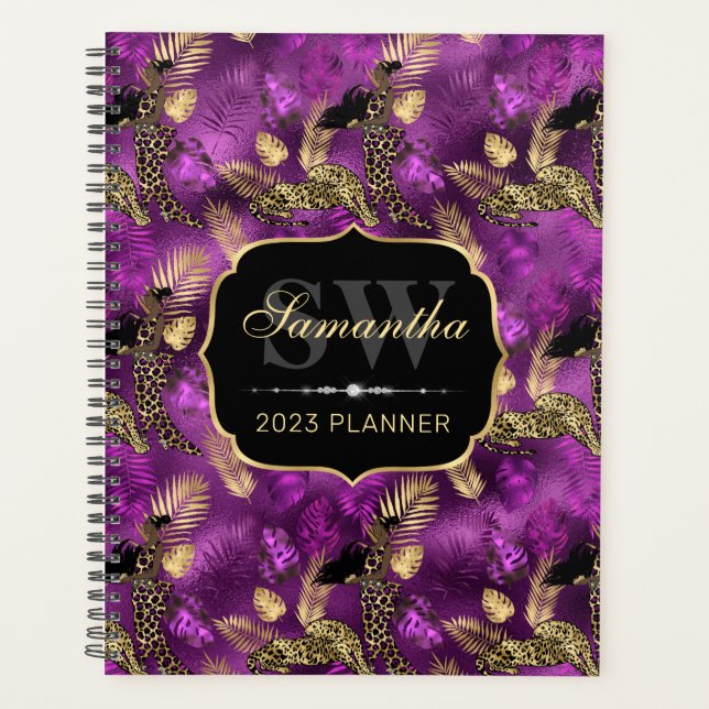 Stilvolle Lila & Gold Leopard & Woman Monogram Planer (Vorderseite)