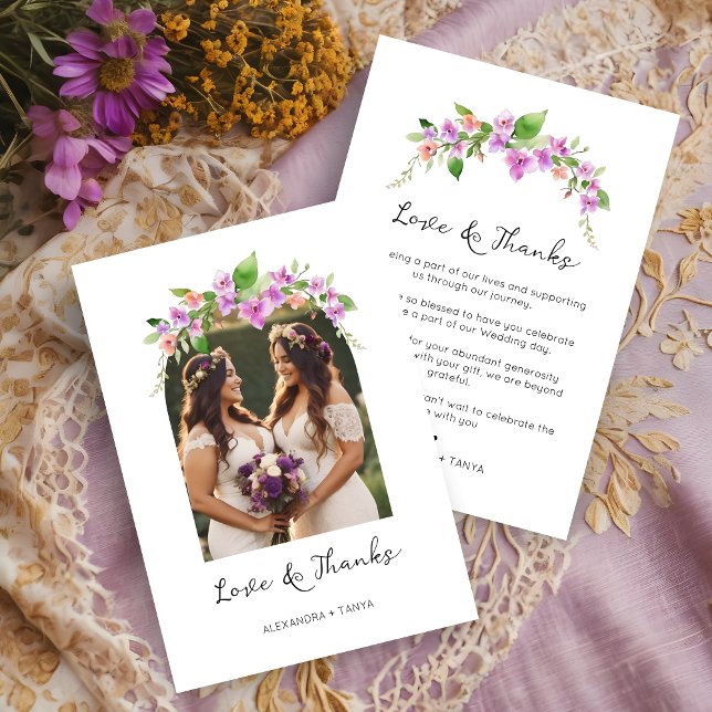 Stilvolle Lila Shades Floral Arch Foto Hochzeit Dankeskarte (Stylish Purple Shades Floral Arch Photo Wedding Thank You Card.)