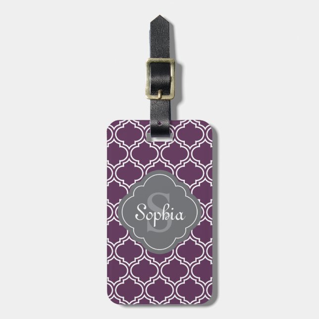 Stilvolle Lila Trellis Gray Monogram Gepäckanhänger (Vorderseite vertikal)